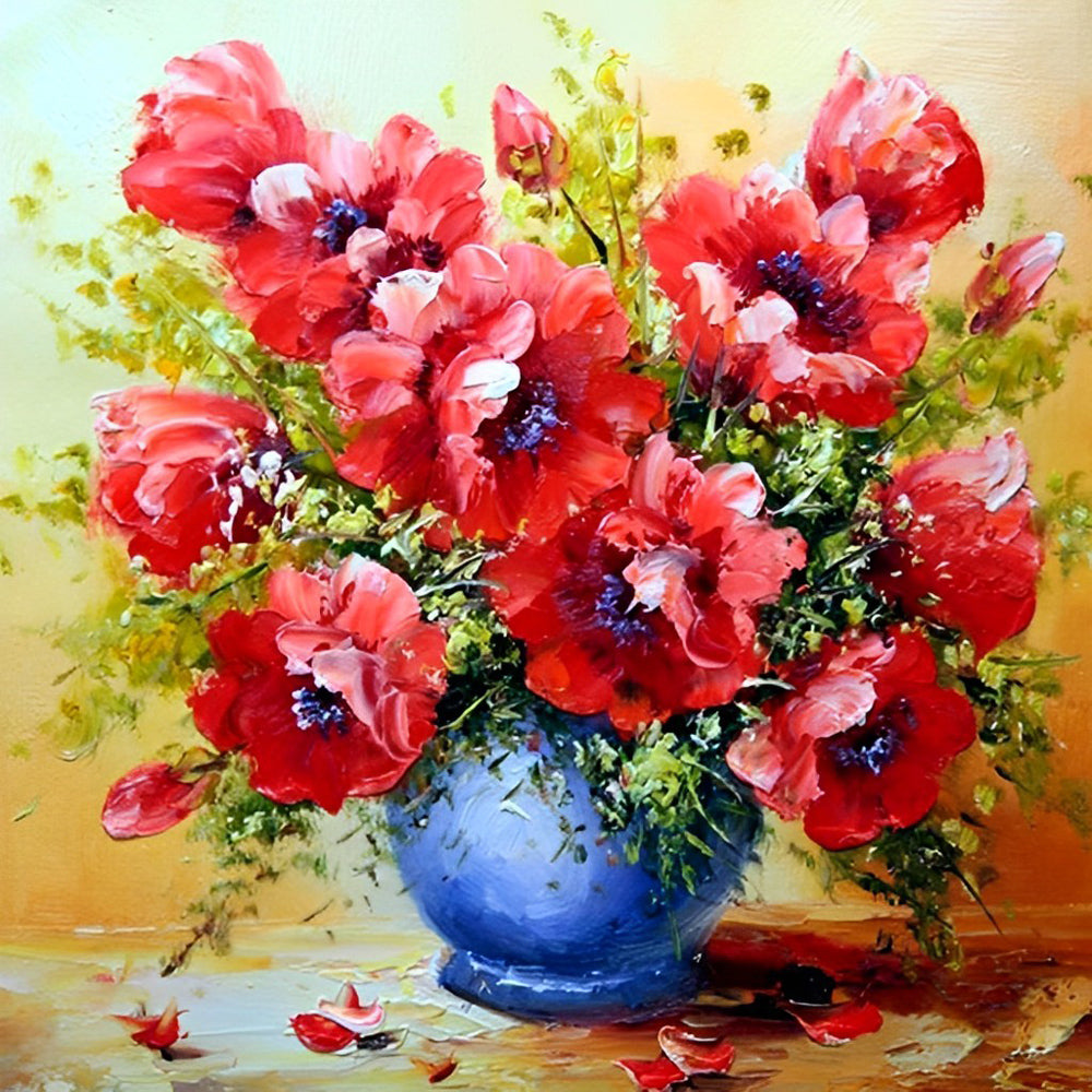 Coquelicots Rouges et Vase Bleu Broderie Diamant
