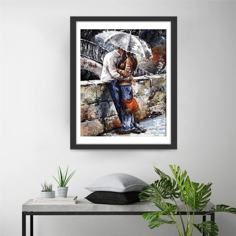 Couple avec Parapluie Gris Broderie Diamant