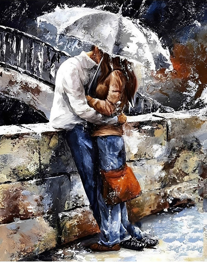 Couple avec Parapluie Gris Broderie Diamant