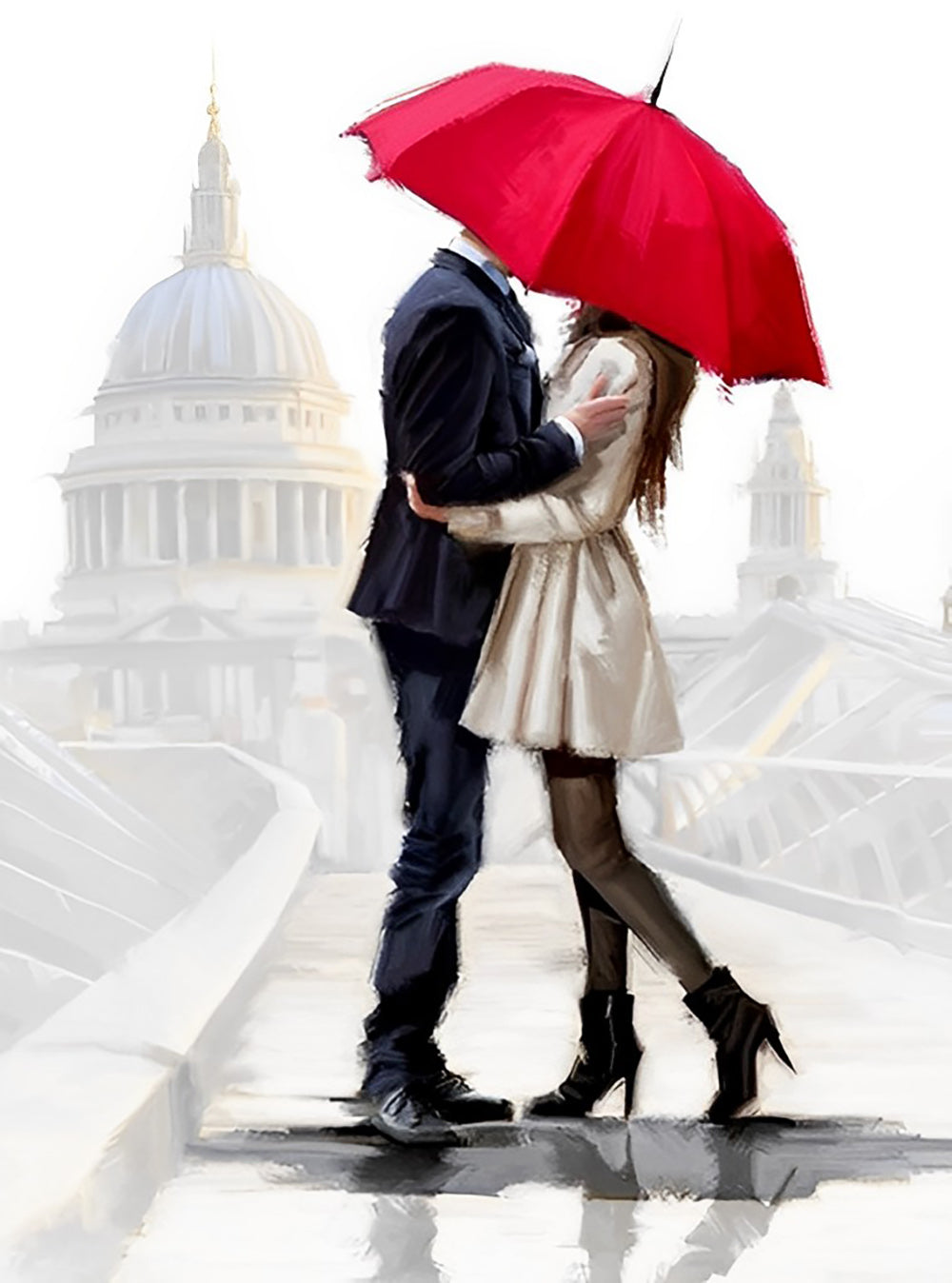 Couple avec un Parapluie Rouge Broderie Diamant