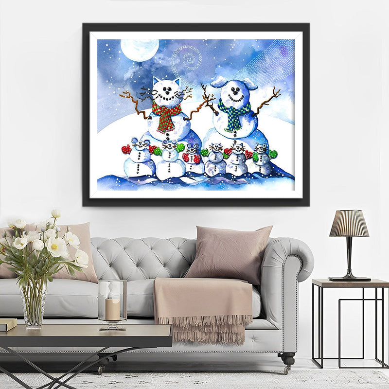 Couple de Bonhomme de Neige et Leurs Enfants Broderie Diamant
