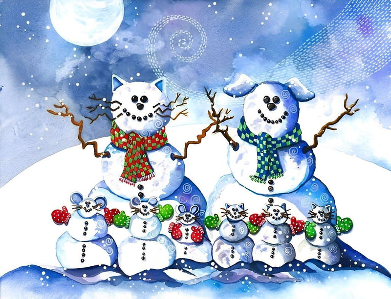 Couple de Bonhomme de Neige et Leurs Enfants Broderie Diamant