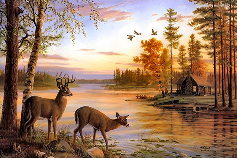 Couple de Cerf et Rivière Broderie Diamant
