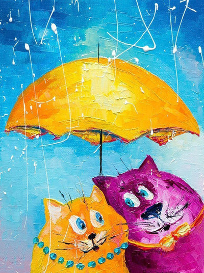 Couple de Chats Sous le Parapluie Broderie Diamant