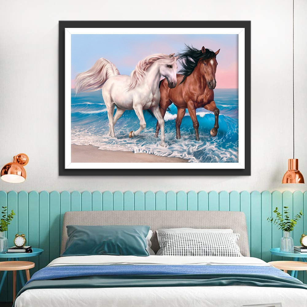 Couple de Chevaux sur la Plage Broderie Diamant