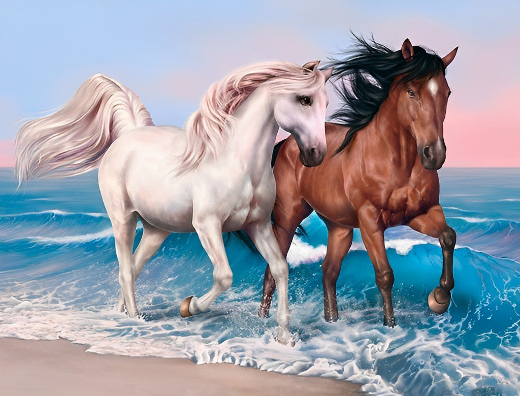 Couple de Chevaux sur la Plage Broderie Diamant