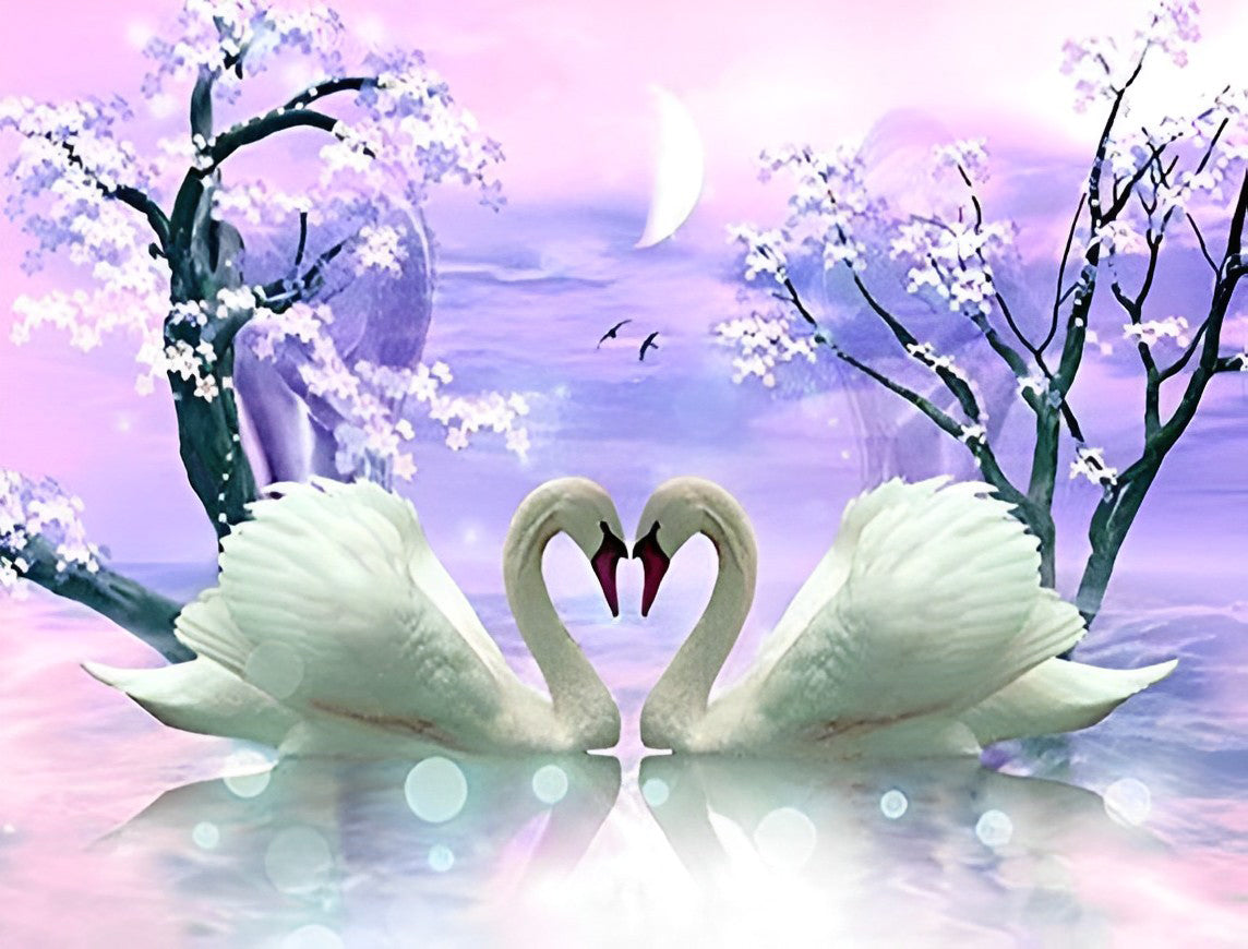 Couple de Cygnes et les Nuages Violets Broderie Diamant