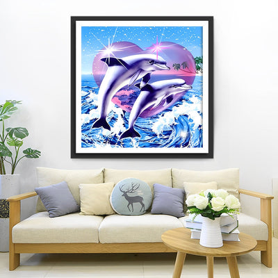 Couple de Dauphins et Cœur Broderie Diamant