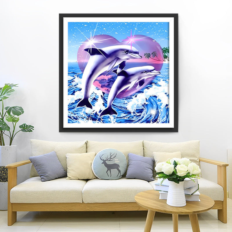 Couple de Dauphins et Cœur Broderie Diamant