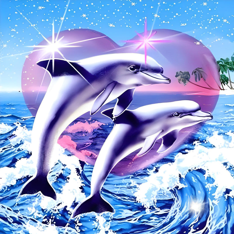 Couple de Dauphins et Cœur Broderie Diamant
