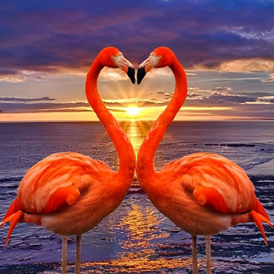 Couple de Flamants et le Soleil Couchant Broderie Diamant
