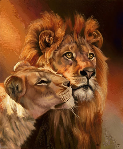 Couple de Lion S'embrassant Broderie Diamant