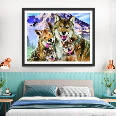 Couple de Loups et Leurs Louveteaux Broderie Diamant