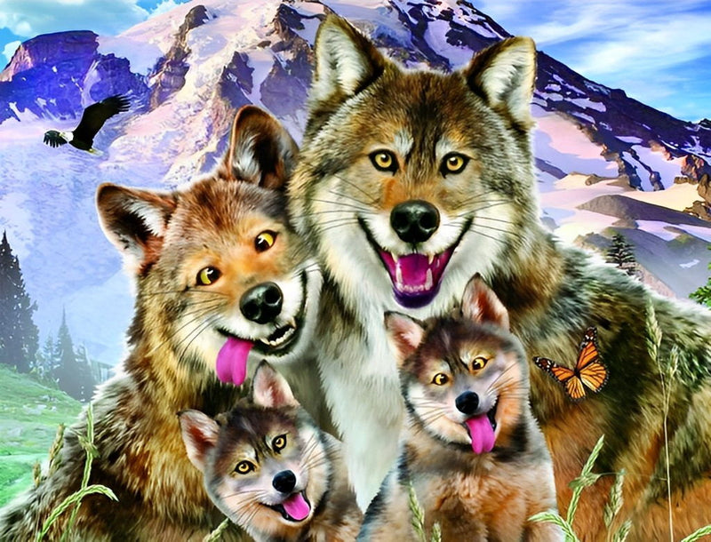 Couple de Loups et Leurs Louveteaux Broderie Diamant