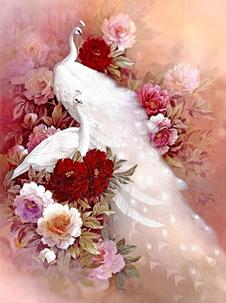 Couple de Paons Blancs et des Pivoines Rouges Broderie Diamant