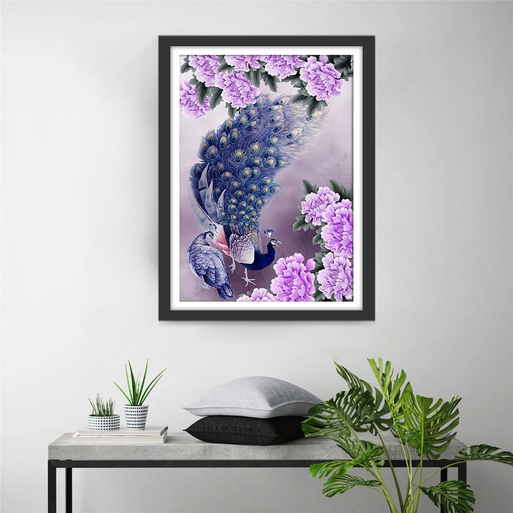 Couple de Paons et les Fleurs Violettes Broderie Diamant