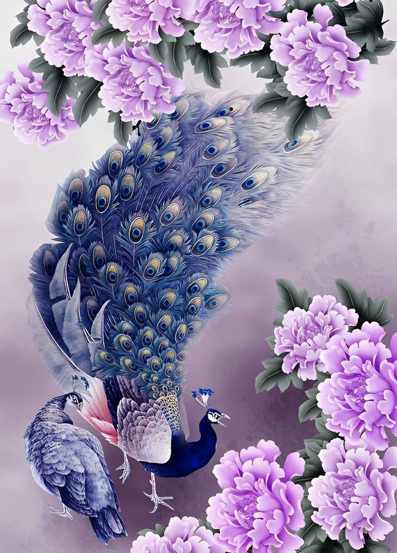 Couple de Paons et les Fleurs Violettes Broderie Diamant