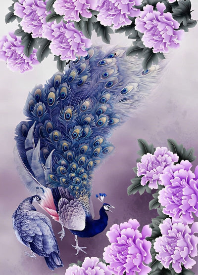Couple de Paons et les Fleurs Violettes Diamant