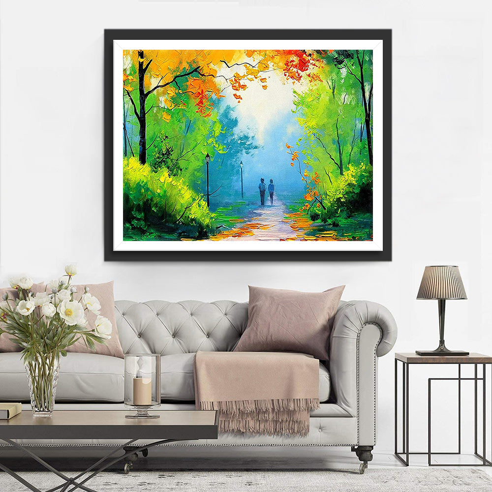 Couple se Promenant dans la Forêt Broderie Diamant