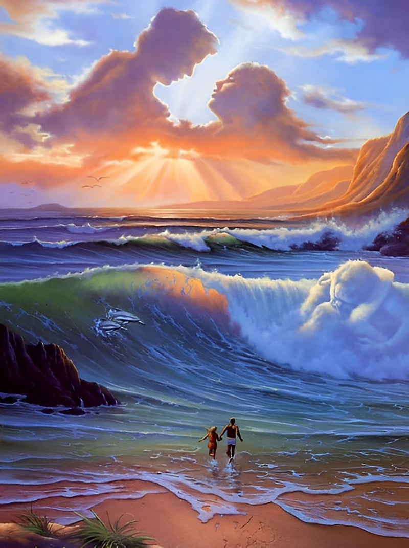 Couple sur Plage et Couple de Nuages Broderie Diamant