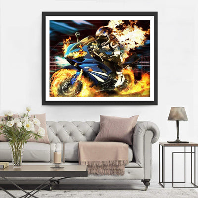 Course de Motos et Flammes Broderie Diamant