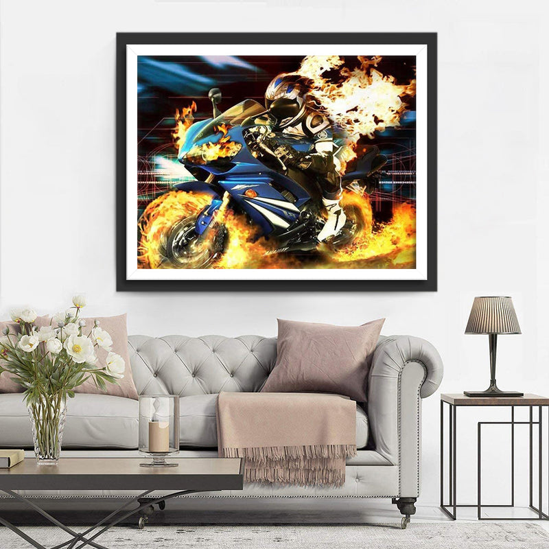 Course de Motos et Flammes Broderie Diamant