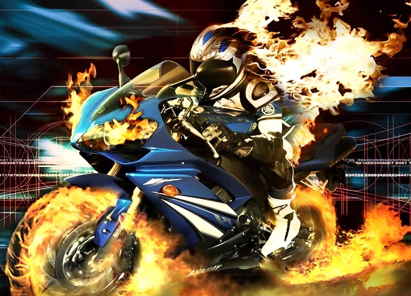 Course de Motos et Flammes Broderie Diamant