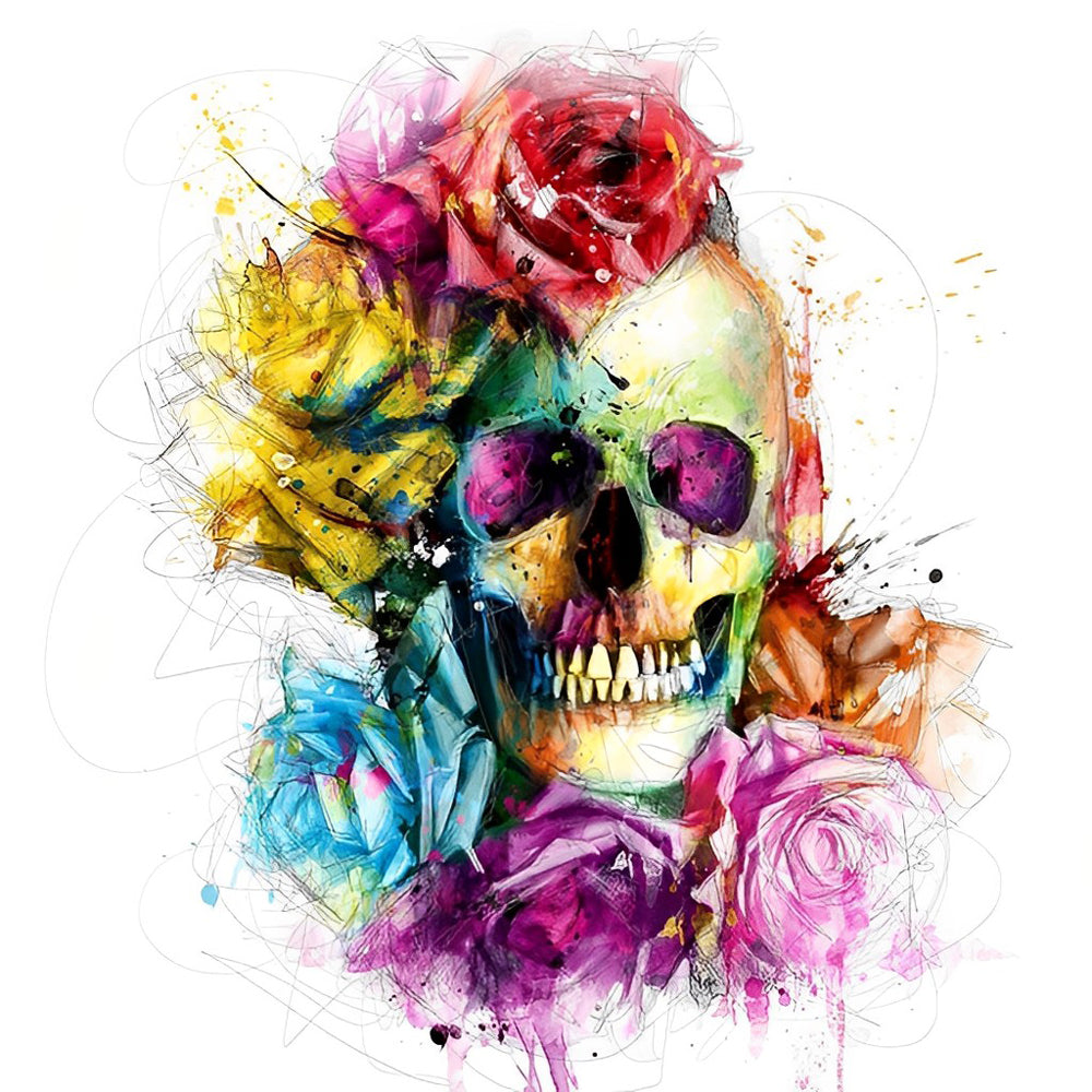 Crâne avec Fleurs Broderie Diamant