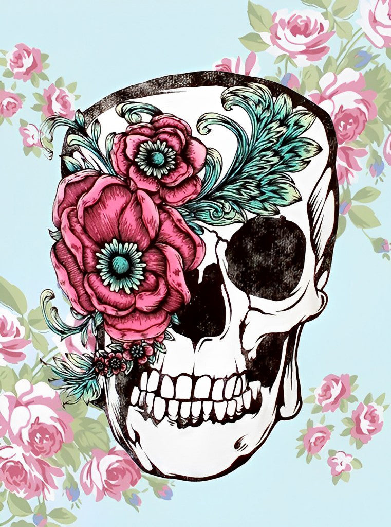 Crâne Blanc et Pivoine Rose Broderie Diamant