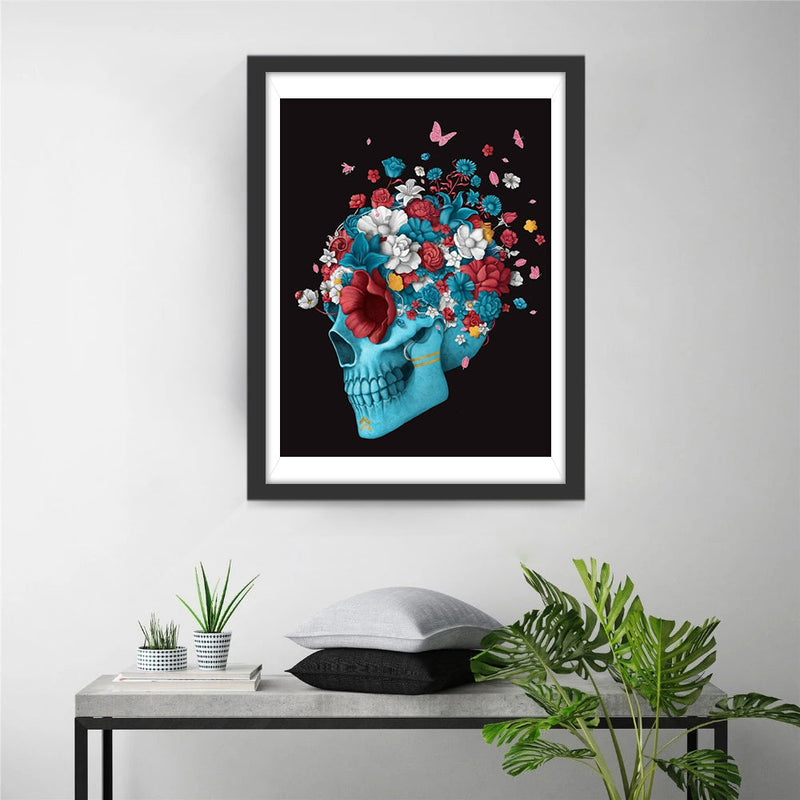 Crâne Bleue et Fleurs Broderie Diamant