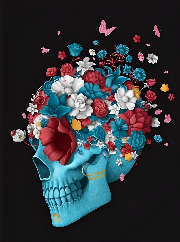 Crâne Bleue et Fleurs Broderie Diamant