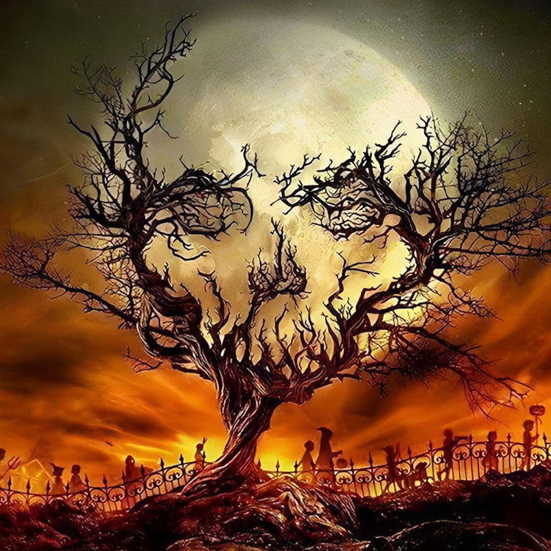 Crâne de Arbre Mort et Lune Broderie Diamant