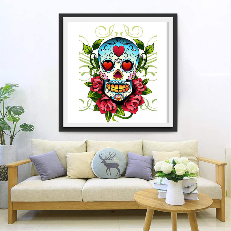 Crâne de Fleurs et Coeurs Broderie Diamant