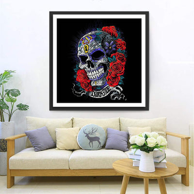 Crâne de Motifs et Roses Rouges Broderie Diamant