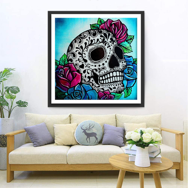 Crâne de Motifs Noirs et Roses Broderie Diamant