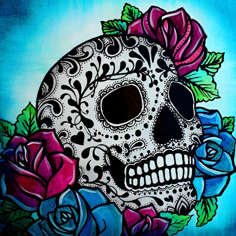 Crâne de Motifs Noirs et Roses Broderie Diamant