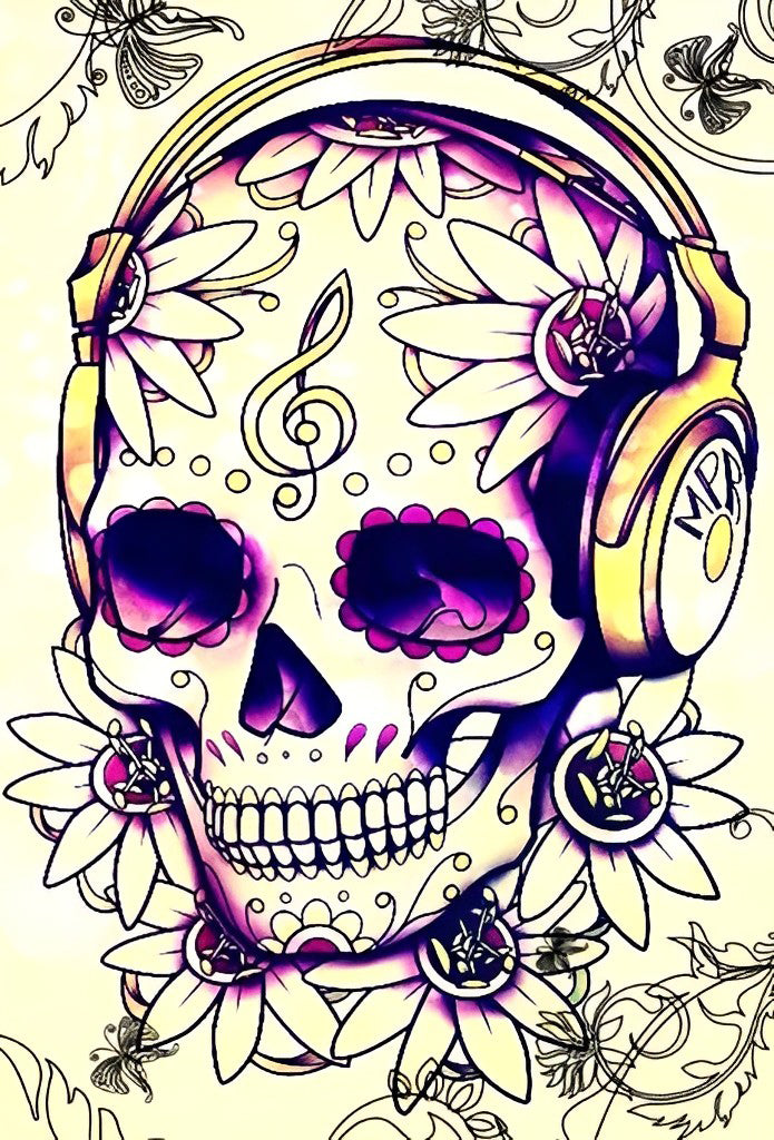 Crâne Ecoutant de la Musique Broderie Diamant