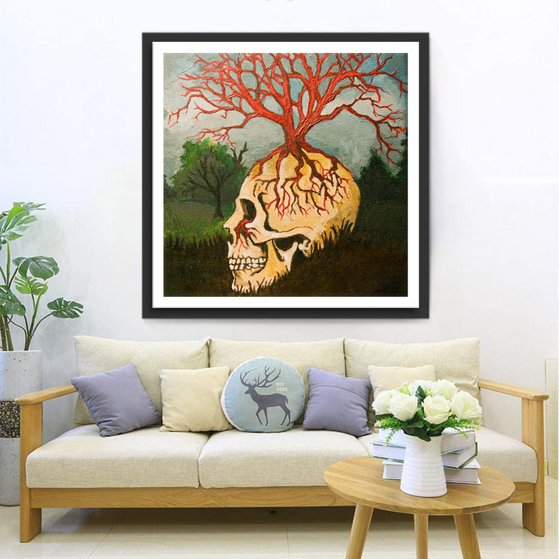 Crâne et Arbre Rouge Broderie Diamant