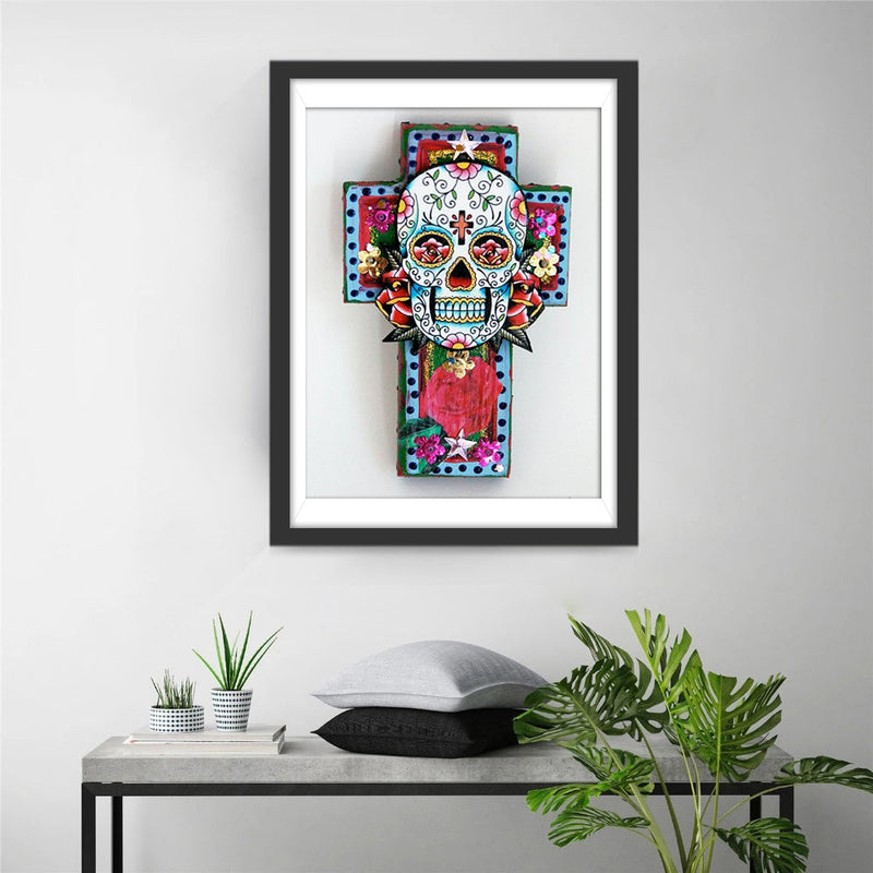 Crâne et Croix de Fleurs Broderie Diamant