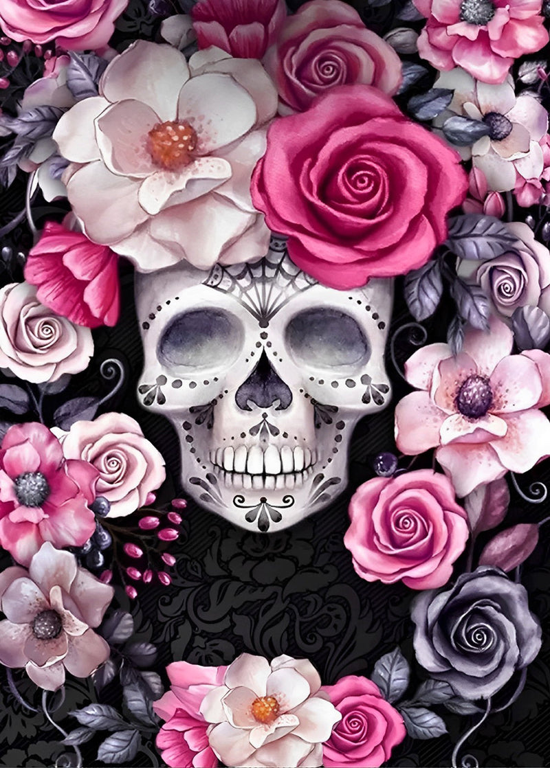 Crâne et Fleurs Broderie Diamant