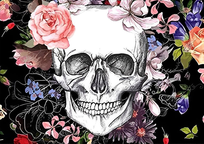 Crâne et Fleurs Colorées Broderie Diamant
