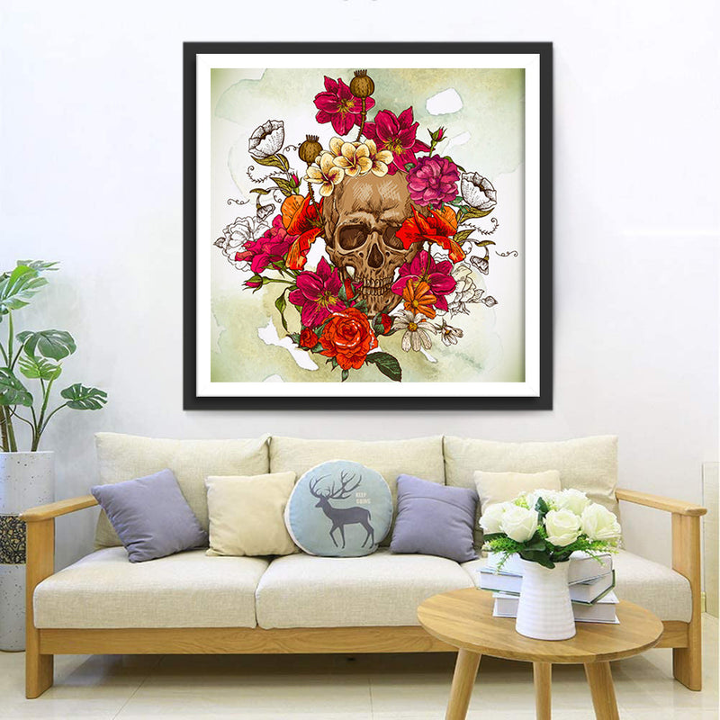 Crâne et Fleurs Variées Broderie Diamant