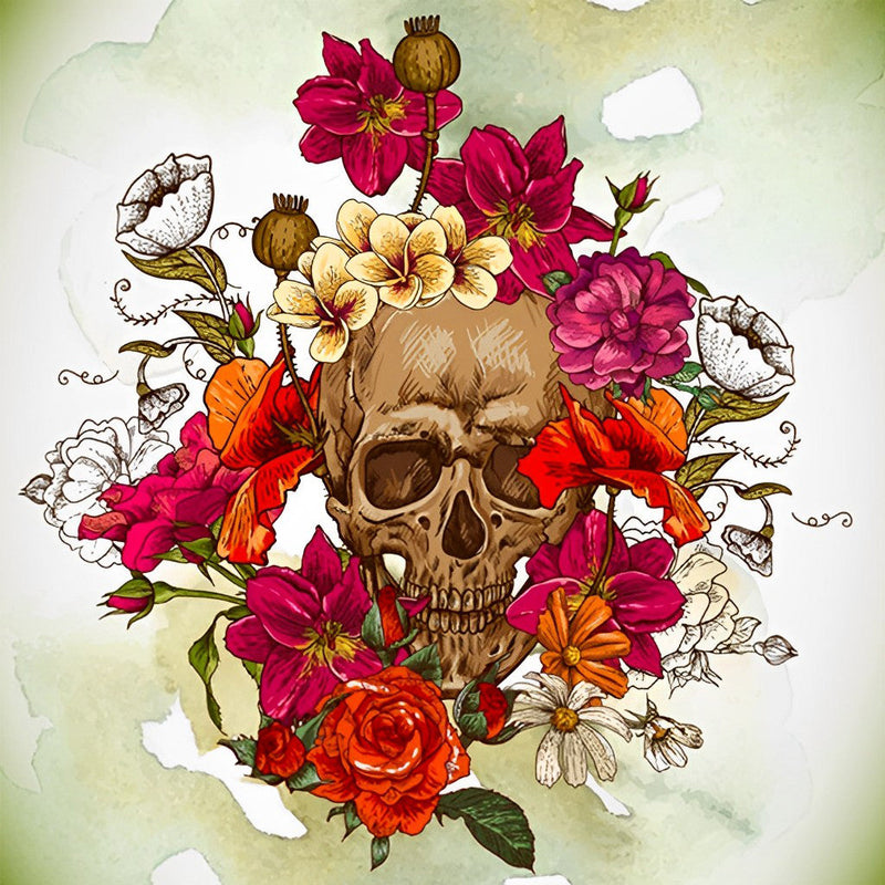 Crâne et Fleurs Variées Broderie Diamant