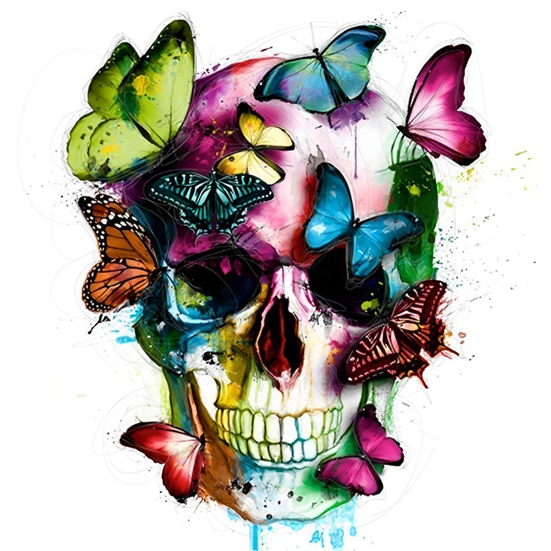 Crâne et Papillons Colorés Broderie Diamant