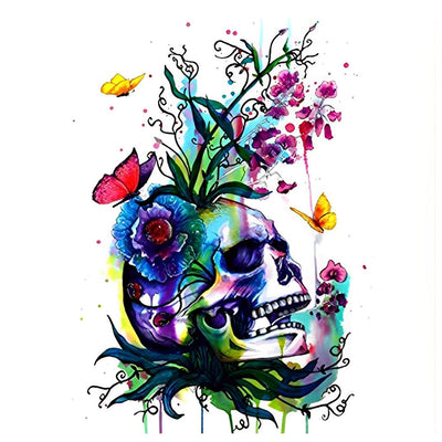Crâne, Fleurs et Papillons Broderie Diamant