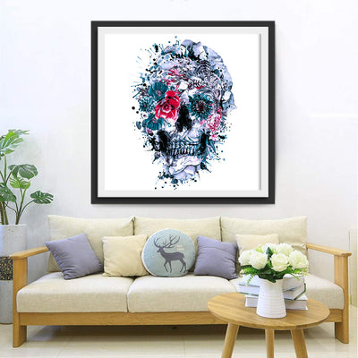 Crâne Gris et Fleurs Broderie Diamant