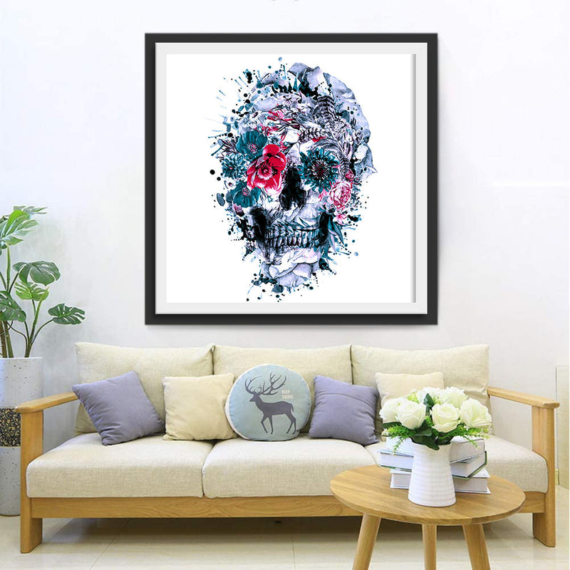 Crâne Gris et Fleurs Broderie Diamant
