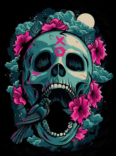 Crâne Noir et Corbeau Broderie Diamant