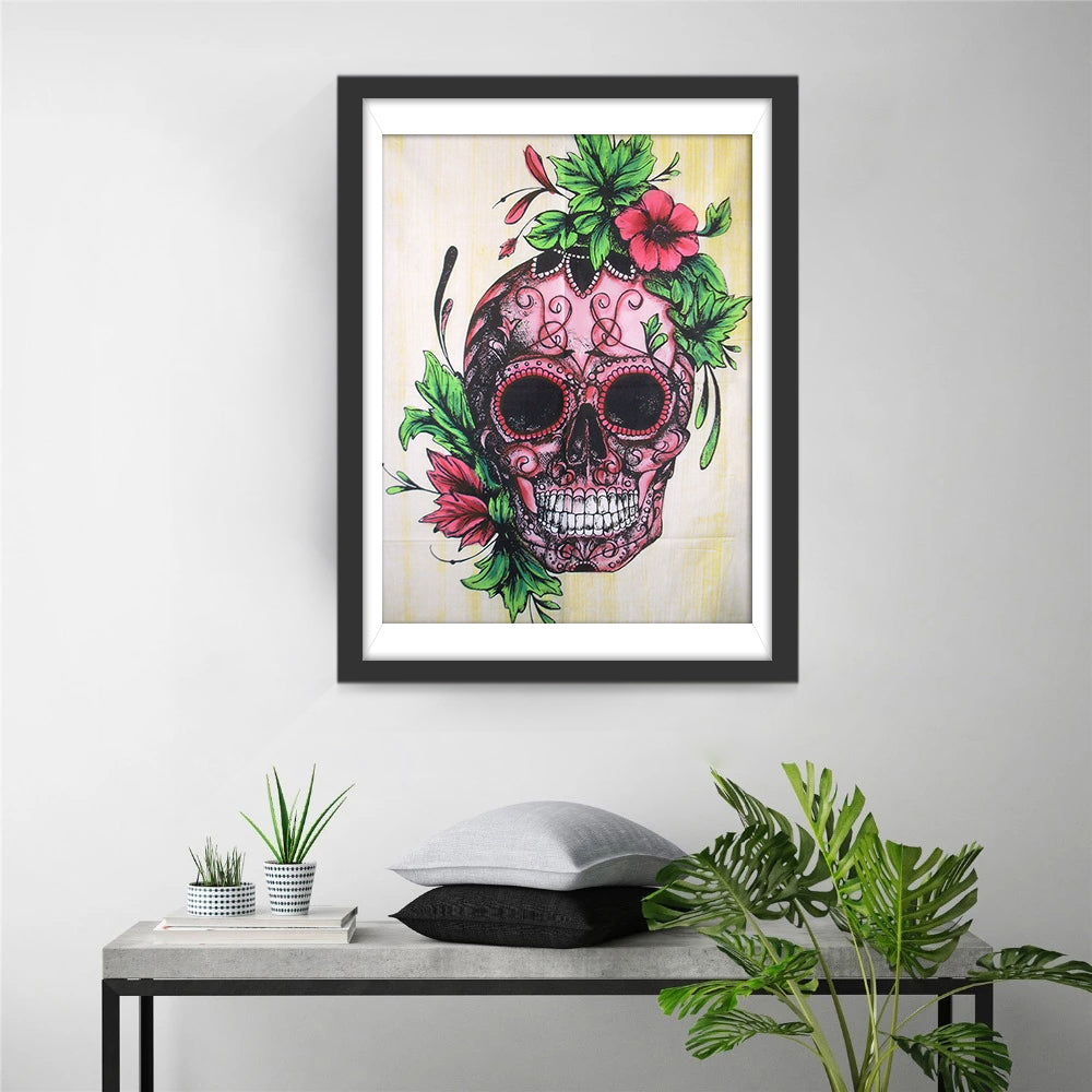 Crâne Rose avec des Fleurs Broderie Diamant