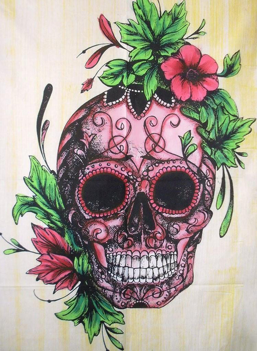 Crâne Rose avec des Fleurs Broderie Diamant